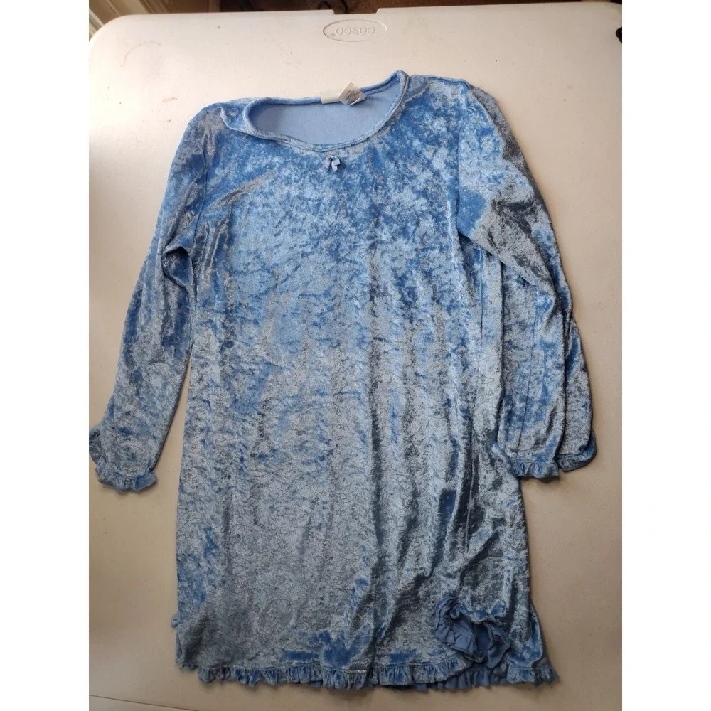 Girls Blue Velvet moons Nightgown Sleepwear Size L Long Sleeve Ruffle Trim